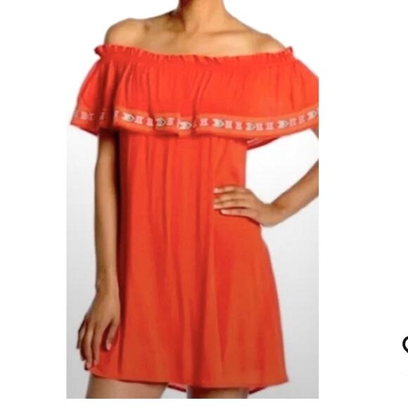 THML Orange Aztec-Inspired Embroidered Off Shoulder Ruffle Mini Dress Sz Medium - Picture 2 of 13